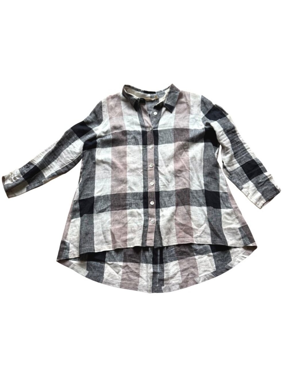 Soft Surroundings Women's Button Front Top XL Carreaux Plaid 3/4 Sleeve Zip Back